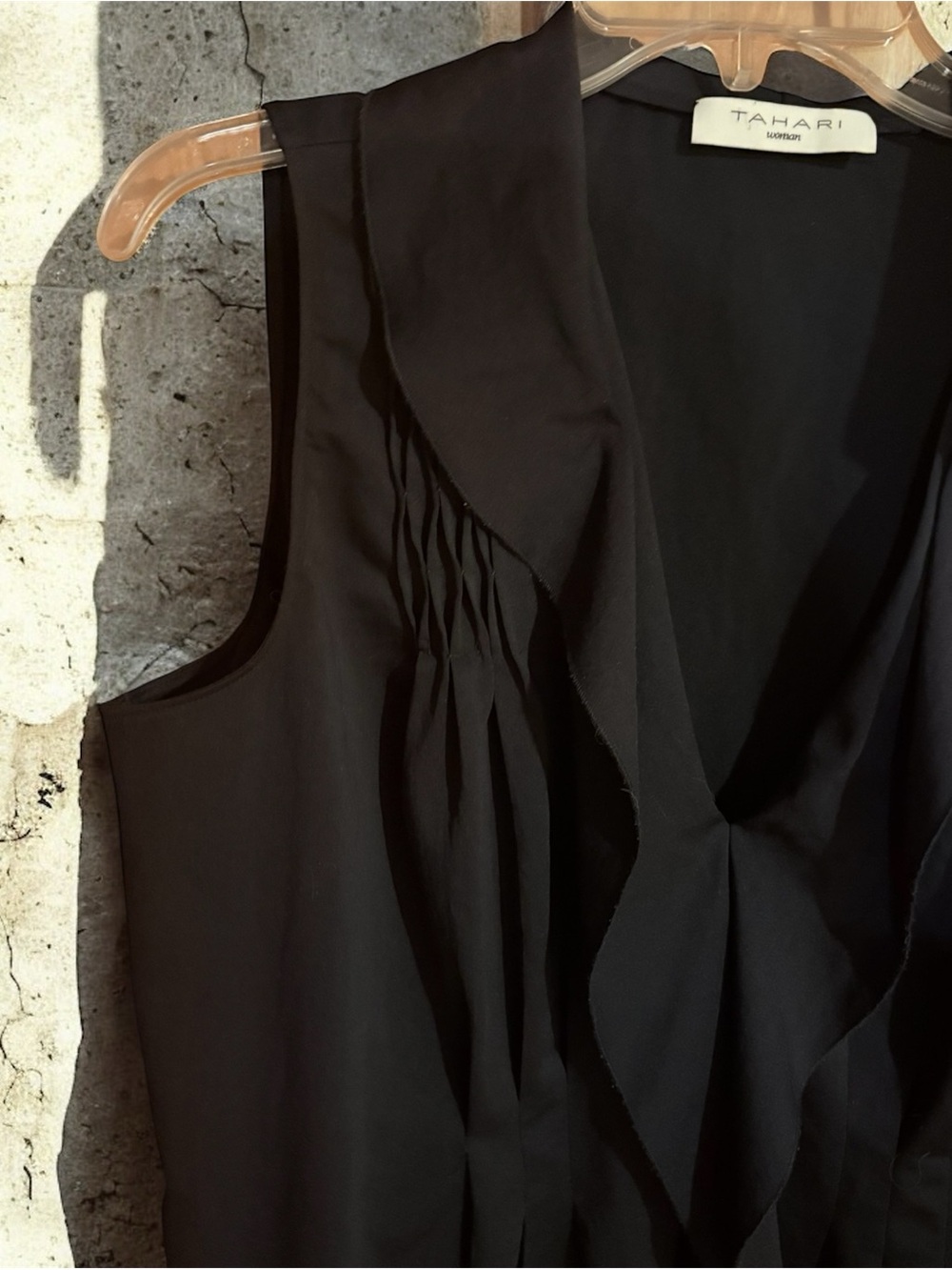 Tahari Woman Black Sleeveless Silky Blouse with Pintucks, Front Ruffle.